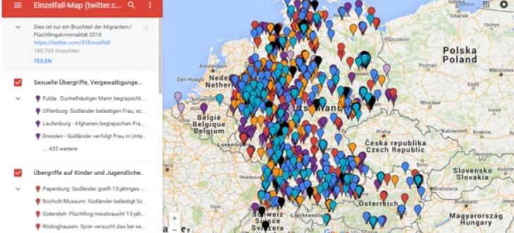 Die "Einzelfall-Karte" zeigt die vielen Zwischenfälle und Straftaten mit Zuwanderern auf. Foto: Screenshot Google-Maps